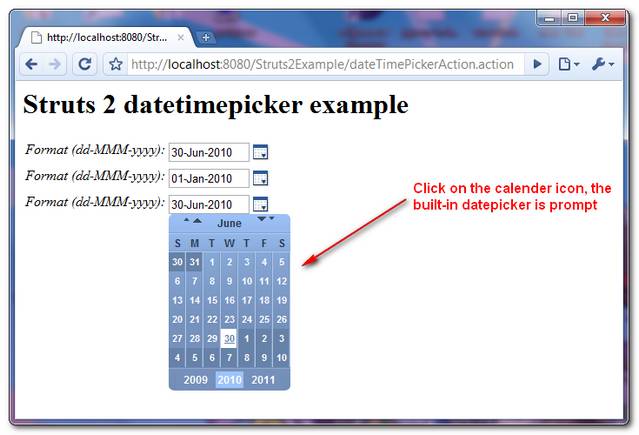 http://localhost:8080/Struts2Example/dateTimePickerAction.action. Struts 