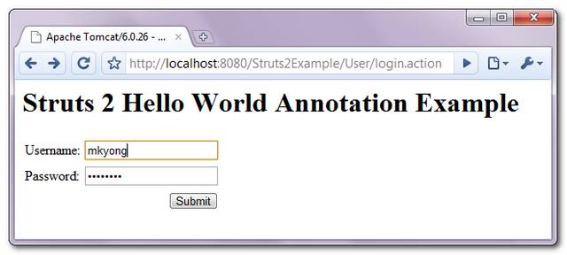 Struts2-hello-world-annotation-1 Struts 2 annotation login screen