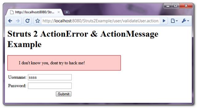 error message in struts2