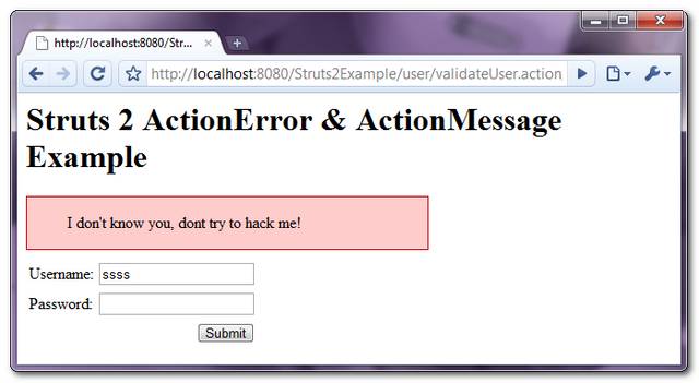 clear error messages struts