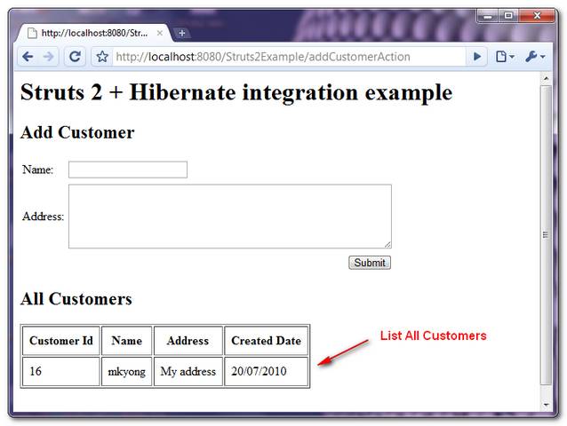 Struts2-Hibernate-ListCustomer Struts2 Hibernate List Customer