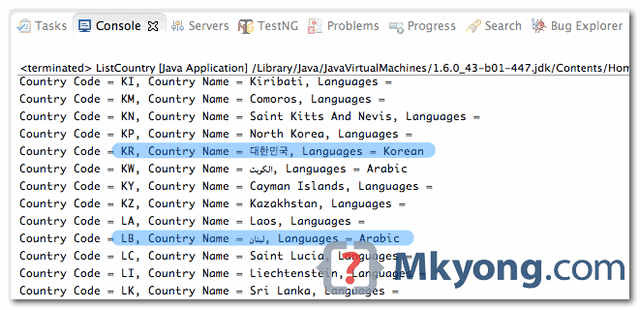 display a list of countries in java mkyong com india two letter country code