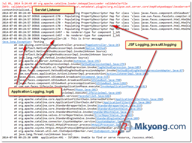 jsf logging in console